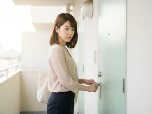 鍵を閉めたか不安で何度もドアを確認する確認強迫の様子