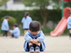 園庭で一人静かに座る場面緘黙の年中女児の様子